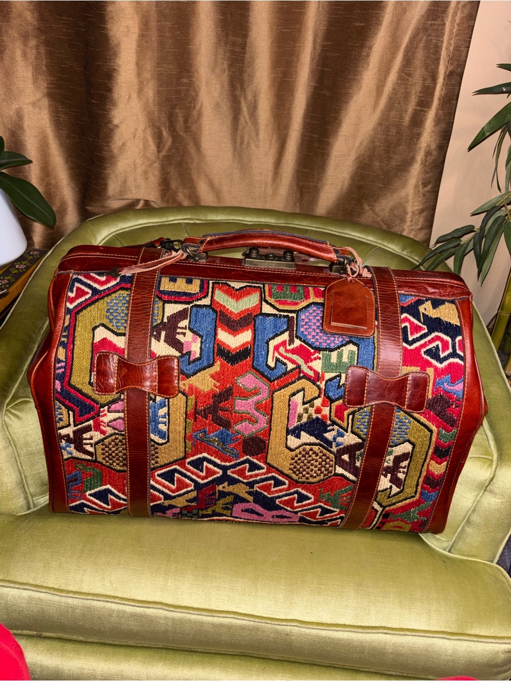 Vintage Kilim Large Turkish Wool Travel Carry Bag Rust Tan Blue Brown Leather - Picture 3 of 15